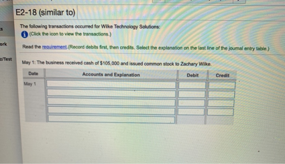 5 E2-18 (similar to) The following transactions occurred for Wilke Technology Solutions: (Click the icon to view the transact