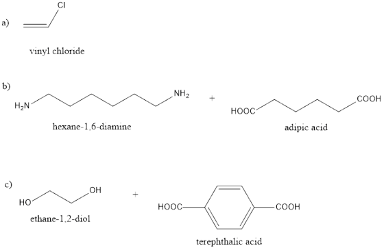 CI a) vinyl chloride b) NH2+ COOH H2N HOOC hexane-1,6-diamine adipic acid c) он HO HOOC COOH ethane-1,2-diol terephthalic aci