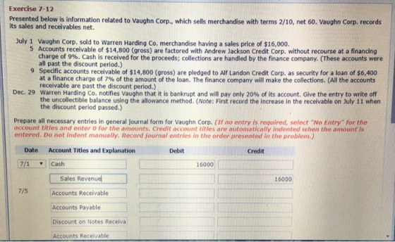 Exercise 7-12 Presented below is information related to Vaughn Corp., which sells merchandise with terms 2/10, net 60. Vaughn