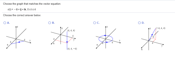 Choose the graph that matches the vector equation. r(t = - i + j + tk, st<4 Choose the correct answer below. QA. 08. 0C. OD.