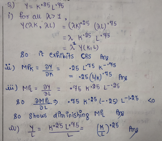 (8) Y= Koah Lotto Tin for all al, Y CAK, A) = (24) 25 (AL) 175 = a $985 L. 45 NYCKL) I so it exhibits CRS Ang ü) Mpis = 2y =
