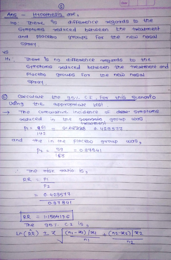 Date Ans tt+pothesis, doe , Stmptoms educed berueen tbe eatoenth and pacebo groups Foㆆ tbe neo nasal H,.. Theeesno difference-oes ơrds to-e Symptoms aed u ced between the eatroenta Plocebo govuups fors tbe ness nasa ped u c ed ir) the seer roote- group coos 4p 2 and he in he Placebo gLGoaS> ちg :08694 25o P 2.