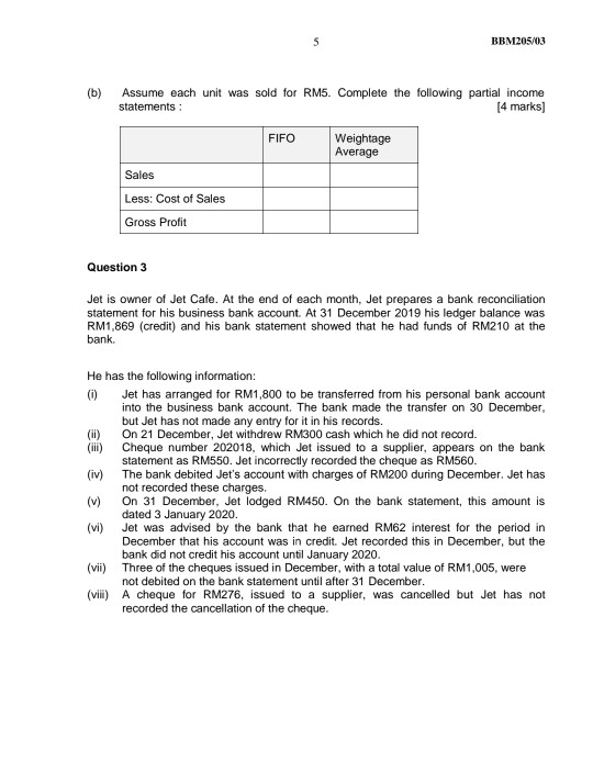 5 BBM205/03 (b) Assume each unit was sold for RM5. Complete the following partial income statements : [4 marks) FIFO Weightag