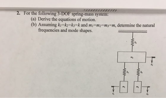2. For the following 3-DOF spring-mass system: (a) Derive the equations of motion. (b) Assuming ki-k2-k3-k and mi-m2-m3-m, determine the natural frequencies and mode shapes. rt