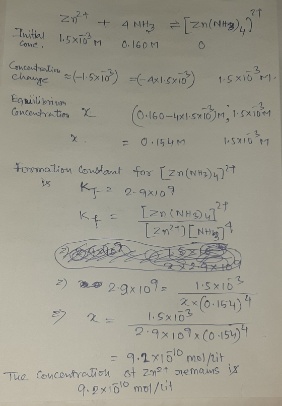 Concentration zint + 4 NH3 Zn(NH 4 ) Initial 1.5810²M cone. 0.160M o changation 2 (1.5x103) =(-4X1.5X103) 1.5x103n- Equilibri