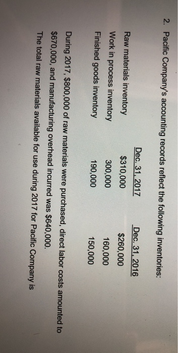 Pacific Companys accounting records reflect the following inventories: 2. Dec. 31 2017 $310,000 300,000 190,000 Dec. 31, 201