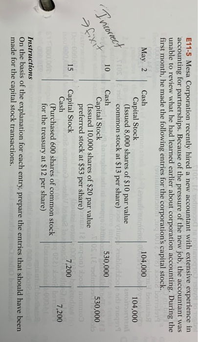 E11-5 Mesa Corporation recently hired a new accountant with extensive experience in accounting for partnerships. Because of the pressure of the new job, the accountant was unable to review what he had learned earlier about corporation accounting. During the first month, he made the following entries for the corporations capital stock. May 2 Cash 104,000 Capital Stock 104,000 (Issued 8,000 shares of $10 par value common stock at $13 per share) 10 Cash 530,000 Capital Stock 530,000 (Issued 10,000 shares of $20 par value preferred stock at $53 per share) 15 Capital Stock 7,200 Cash 7,200 (Purchased 600 shares of common stock for the treasury at $12 per share) Instructions On the basis of the explanation for each entry, prepare the entries that should have been made for the capital stock transactions.