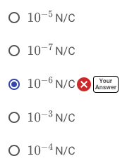O 10-5 N/C O 10- N/C O 10-6N/CAnswer O 10-3 N/C O 104N/C Your