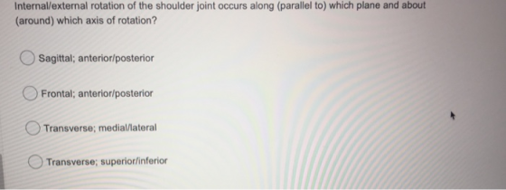 Internal/external rotation of the shoulder joint occurs along (parallel to) which plane and about (around) which axis of rota