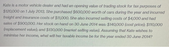 Kate is a motor vehicle dealer and had an opening value of trading stock for tax purposes of $120,000 on 1 July 2013. She pur