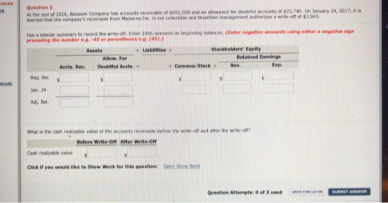 Questions At the end of 2016, Blossom Company has accounts receivable of $691,500 and an allowance for doubtful accounts of $