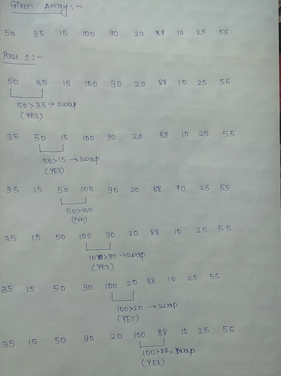 Given Aray 50 35 15 10o 9o 20 38 to 25 55 Pass 5o 35 15 too 9o 20 8 0 25 55 50>35 → suap CYES) 35 5 15 100 90 0 83 o 5 55 50>