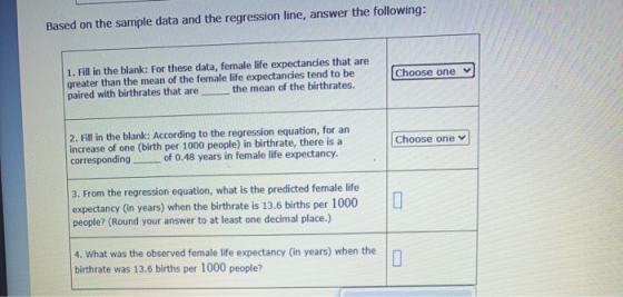 Based on the sample data and the regression line, answer the following: Choose one 1. Fill in the blank: For these data, fema
