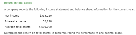 Return on total assets A company reports the following income statement and balance sheet information for the current year: N
