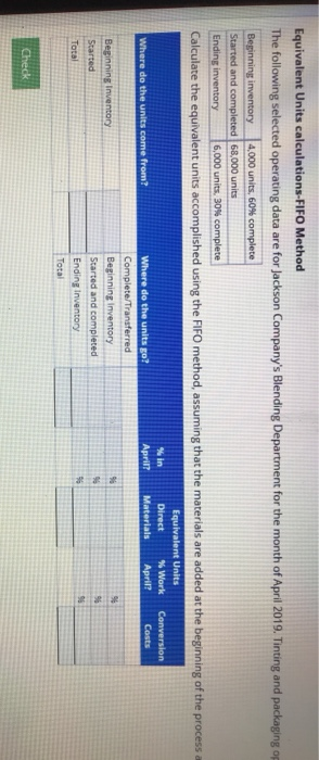 Equivalent Units calculations-FIFO Method The following selected operating data are for Jackson Companys Blending Department