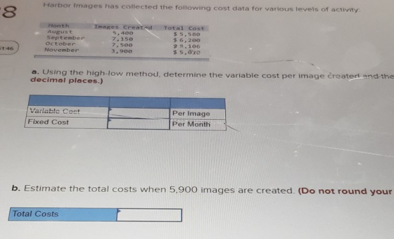 Harbor Images has collected the following cost data for various levels of activity 00 Month August September October November