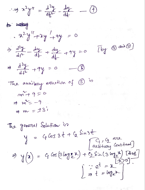 Les plyne ene - 0 x2y tay tay = 0 se do duy +9y zo [by G ad ] ax M The ausilary equation of ③ in mt 970 am=-9 am =731 1. The