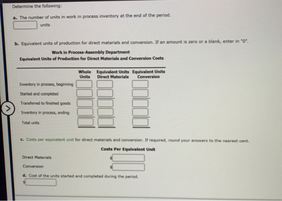 Determine the following: a. The number of units in work in process inventory at the end of the period. units b. Equivalent un