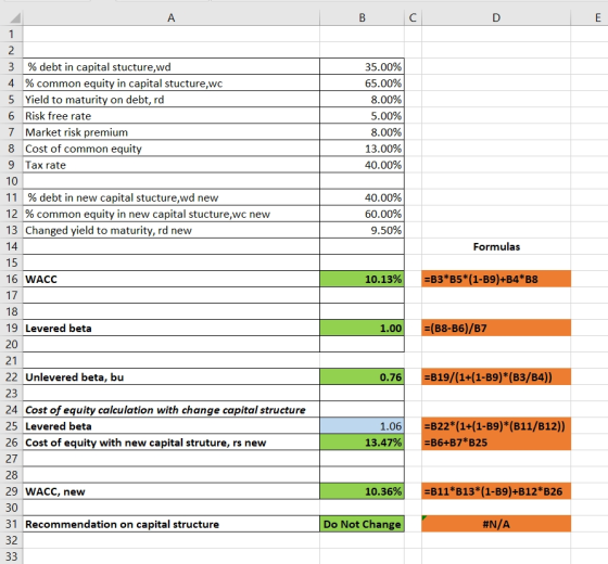 B C 3 % debt in capital stucture,wd 4 % common equity in capital stucture, wc 5 Yield to maturity on debt, rd 6 Risk free rat