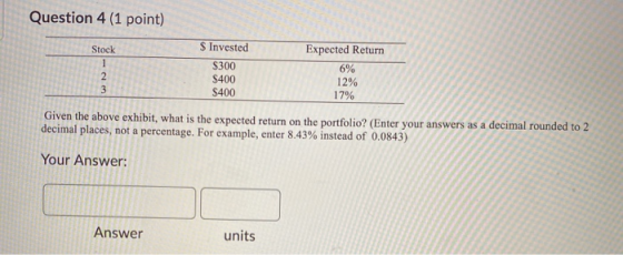 Question 4 (1 point) Stock 1 2 3 $ Invested S300 S400 $400 Expected Return 6% 12% 17% Given the above exhibit, what is the ex