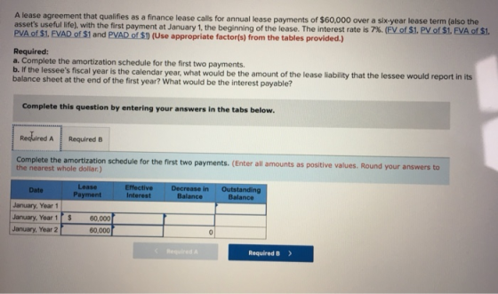 A lease agreement that qualifies as a finance lease calls for annual lease payments of $60,000 over a six-year lease term (al