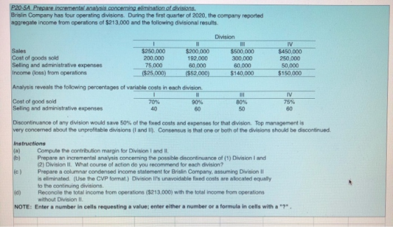 P20-5A Prepare incremental analysis concerming.elimination of divisions Brislin Company has four operating divisions. During