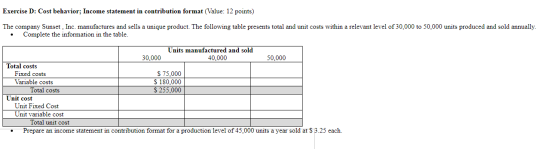 Exercise D: Cost behavior; Income statement in contribution format (Value: 12 points) The company Sunset , Inc. manufactures
