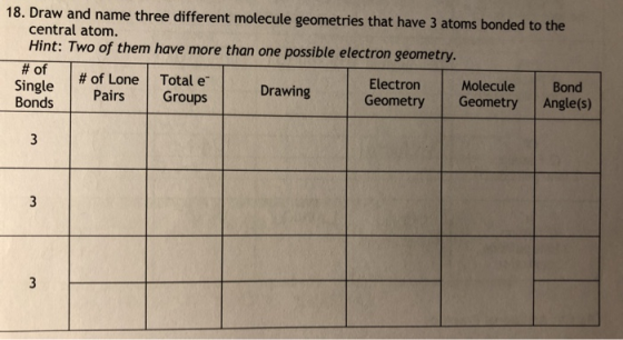 18. Draw and name three different molecule geometries that have 3 atoms bonded to the central atom. Hint: Two of them have mo