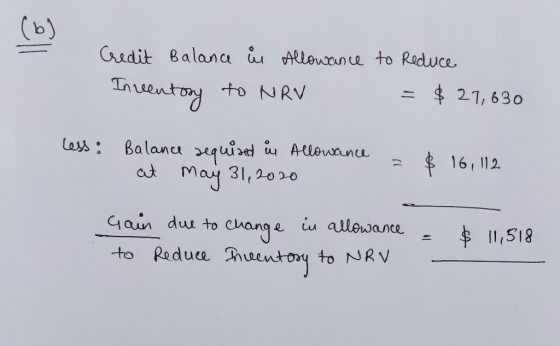 Credit Balance in Allowance Inventory to NRV to Reduce = $ 27,630 Less: Balance required in Allowance e at may 31, 2020 = $ 1