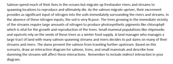 Salmon spend much of their lives in the oceans but migrate up freshwater rivers and streams to spawning locations to reproduce and ultimately die. As the salmon migrate upriver, their excrement provides as significant input of nitrogen into the soils immediately surrounding the rivers and streams. In the absence of these nitrogen inputs, the soil is very N poor. The trees growing in the immediate vicinity of the streams require large amounts of nitrogen to produce photosynthetic pigments like chlorophyll which is vital for the growth and reproduction of the trees. Small mammal populations like chipmunks and squirrels rely on the seeds of these trees as a winter food supply. A land manager who manages a large tract of land with many salmon spawning streams and rivers decides to put dams on many of their streams and rivers. The dams prevent the salmon from traveling further upstream. Based on this scenario, draw an interaction diagram for salmon, trees, and small mammals and describe how damming the streams will affect these interactions. Remember to include indirect interaction in your diagram