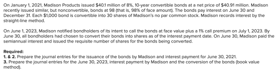 On January 1, 2021, Madison Products issued $40.1 million of 8%, 10-year convertible bonds at a net price of $40.91 million.