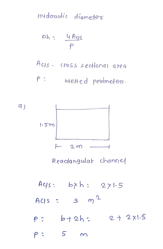 Hudoaulic diameter Dha 4 Ags Acis - cross sectional area p: weted perimeters. 1.5m r 2 m - Reactangulat channel Aels: by hi 2