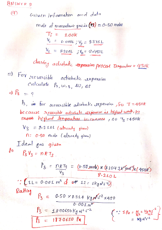 ANSWER I Griven information and data mole of monoatomie gasis (n) = 0-50 moles Ti = 2ook V, 1. OVOLV. - 3375 L V2 = 8.2104 ;