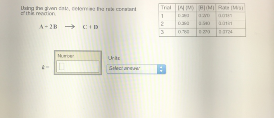 Using the given data, determine the rate constant Trial [A] of this reaction. M)B] (M) Rate (M/s) 0.3900.270 0.0181 2 0.390 0.5400.0181 0.7800.270 0.0724 A+2B C D 3 Number Units Select answer