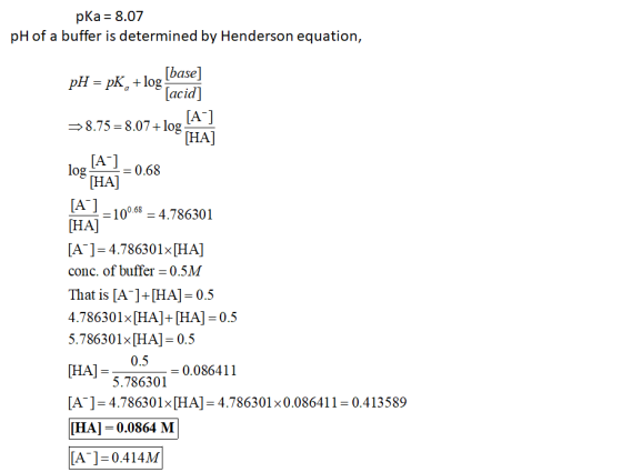 pka = 8.07 pH of a buffer is determined by Henderson equation, pH = pK, +log [base] [acid] >8.75=8.07 +log [A-] [HA] log |A 1