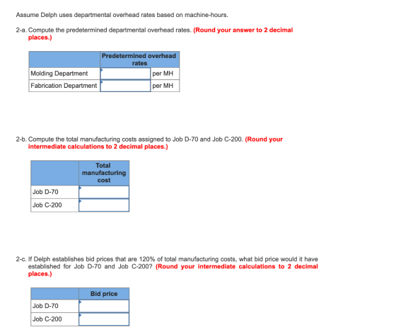 Assume Delph uses departmental overhead rates based on machine-hours. 2-a. Compute the predetermined departmental overhead ra