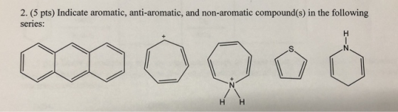 2. (5 pts) Indicate aromatic, anti-aromatic, and non-aromatic compound (s) in the following series: