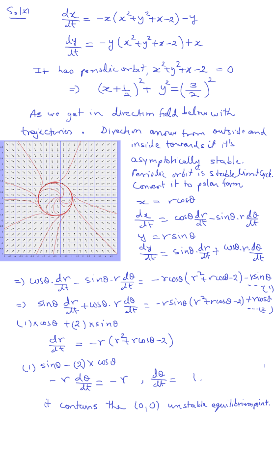 It It Soln dx=-=(x²+y²+x-2)-Y dy = -y (x²+y²+x-2)+x It has periodic orbit, ac²ty²+x-2 =0 =) (x++) y = ( 2 ) As we get in dire