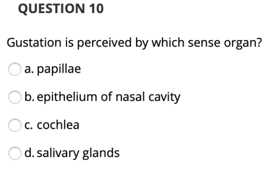 QUESTION 10 Gustation is perceived by which sense organ? O a. papillae O b. epithelium of nasal cavity O c. cochlea O d. sali