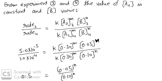 the value of [A2] is from experiment ♡ and constant and [B] varies ratez k [22] m / [B]h rateu k [22] [B]u (0.057m = K L0.30]
