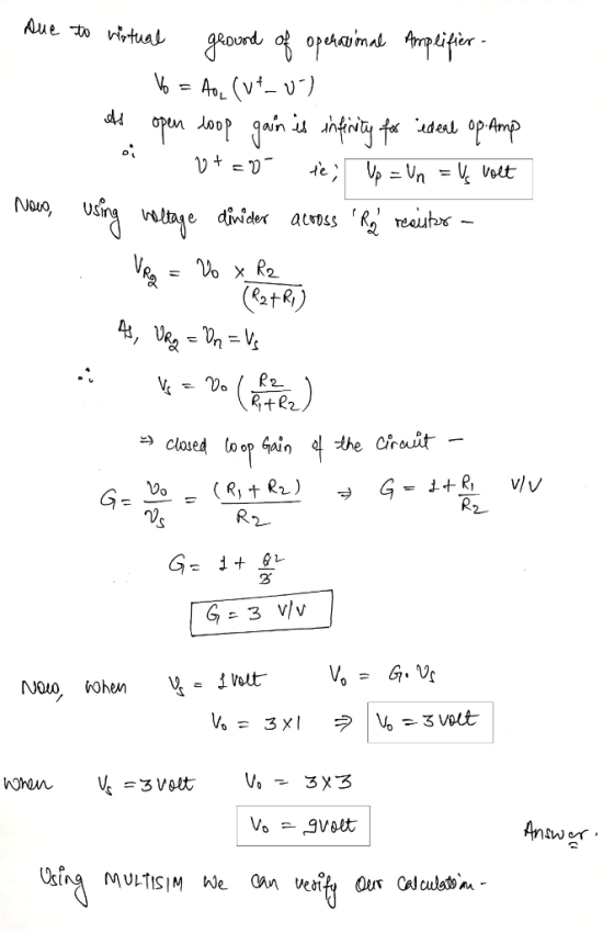 to virtual grouod of operational Amplifier- Vo = Aoc (ut-01 As open loop gain is infinity for ideal op. Amp - utav ie; Up = U