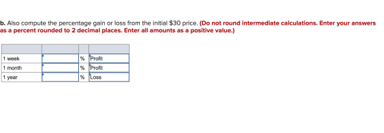 b. Also compute the percentage gain or loss from the initial $30 price. (Do not round intermediate calculations. Enter your a