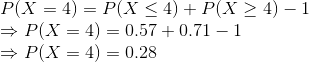 \\ P(X=4)=P(X\leq4)+P(X\geq4)-1\\ \Rightarrow P(X=4)=0.57+0.71-1\\ \Rightarrow P(X=4)=0.28