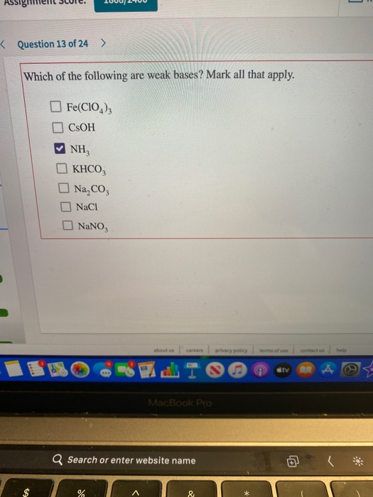 Assignment Scie. LU0U2TUU < Question 13 of 24 > Which of the following are weak bases? Mark all that apply. Fe(CIO) COH NH ОК
