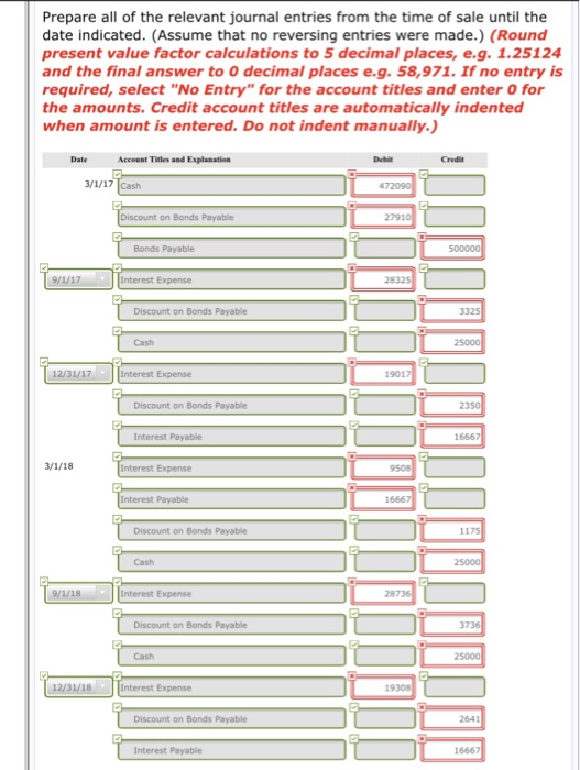 Prepare all of the relevant journal entries from the time of sale until the date indicated. (Assume that no reversing entries were made.) (Round present value factor calculations to 5 decimal places, e.g. 1.25124 and the final answer to o decimal places e.g. 58,971. If no entry is required, select No Entry for the account titles and enter 0 for the amounts. Credit account titles are automatically indented when amount is entered. Do not indent manually.) Date Account Titles and Explanation Credit 3/1/17 Cash iscount on Bonds Payable 2791 Bonds Payable Interest Expense Discount on Bonds Payable 3325 Cash 25000 terest Expense 19017 Discount on Bonds Payable 2350 Interest Payable 16667 Interest Expense 9508 Interest Payable 16667 Discount on Bonds Payable 1175 Cash 25000 Interest Expense 28736 Discount on Bonds Payable 3736 Cash 25000 Interest Expense 19308 Discount on Bonds Payable 2641 Interest Payable 16667