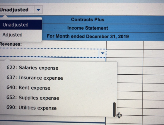 Unadjusted Contracts Plus Unadjusted Income Statement Adjusted For Month ended December 31, 2019 Revenues: 622: Salaries expe