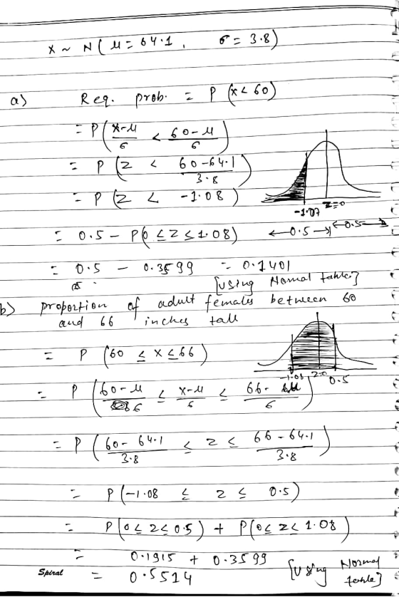 3.8 - 641 X ~ N Drob. X~ N(M = 84.1, 8= 3.8) as Reg. prob. & P (x260) = P(x- 4 6orul = P(Z < 60-64.1) - P (2 L -1.08 ) = CN f