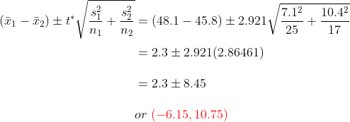 10.42 그 + _ = (48.1- n1 n2 45.8) ± 2.921 /212 (Fi-F2) ± t* 25 17 2.3 ± 2.921 (2.86461) = 2.3 ± 8.45 or (-6.15, 10.75)