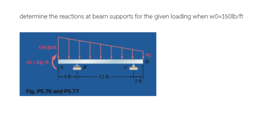determine the reactions at beam supports for the given loading when w0=150lb/ft 450 lb/ 44.1 kip-ft A AB |--4ftola Fig. P5.76