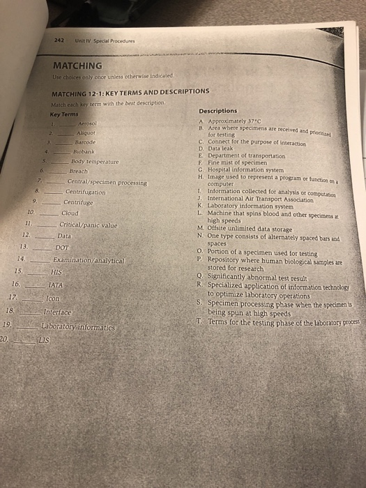 242 Unit IV Special Procedures MATCHING Use choices only once unless otherwise indicated MATCHING 12-1:KEY TERMS AND DESCRIPT